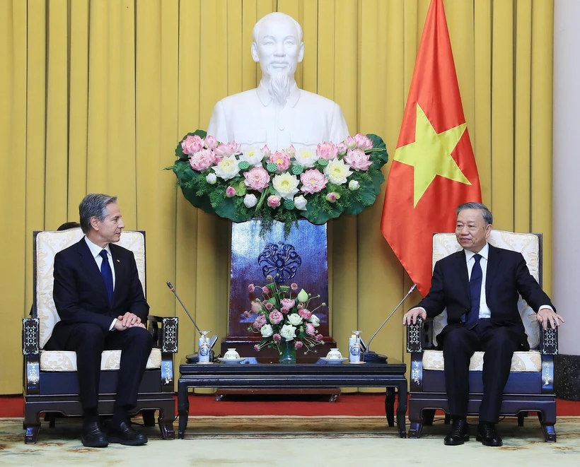 Chủ tịch nước Tô Lâm tiếp Ngoại trưởng Hoa Kỳ Antony Blinken. (Ảnh: Lâm Khánh/TTXVN)