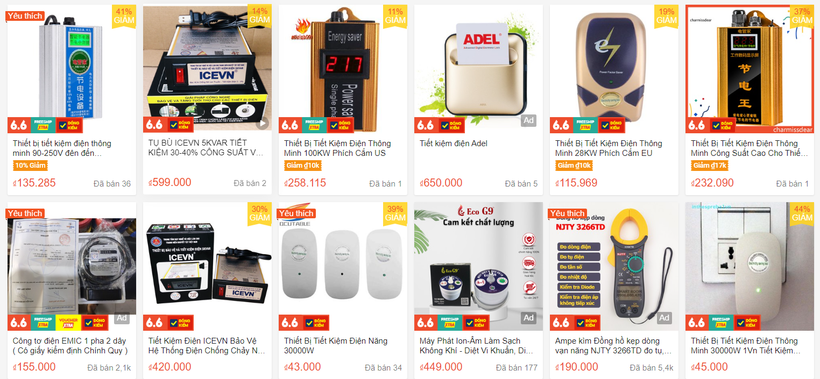 Tràn lan các loại thiết bị tiết kiệm điện trên chợ mạng với mức giá đa dạng. (Ảnh chụp màn hình)