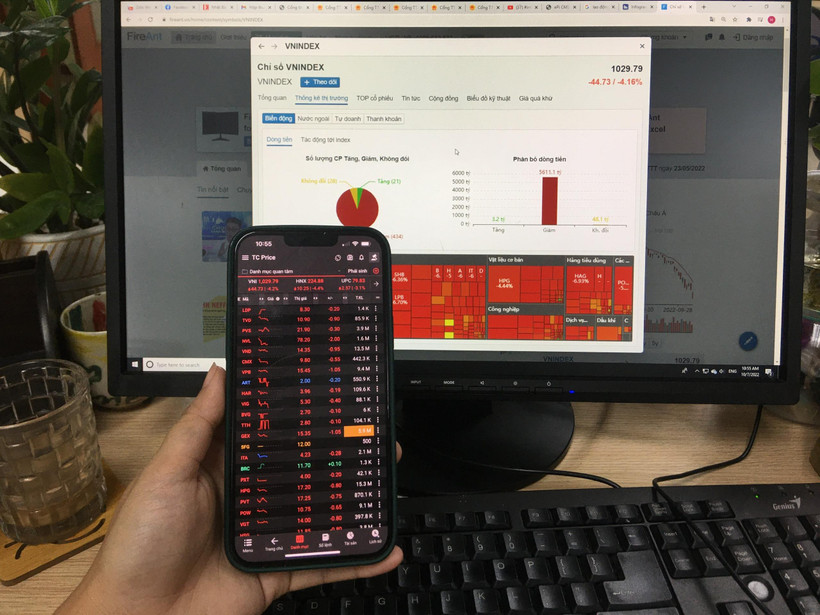 Không khí ảm đạm bao trùm thị trường chứng khoán, VN-Index rơi thẳng một mạch 45 điểm, về mức 1.029 điểm. (Ảnh: Vietnam+)