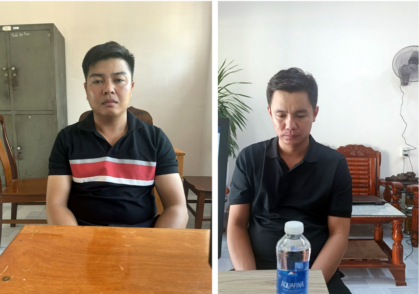 Đối tượng Võ Trần Hoàng (phải) và Ngô Phước Thịnh tại cơ quan điều tra. Ảnh: TTXVN phát