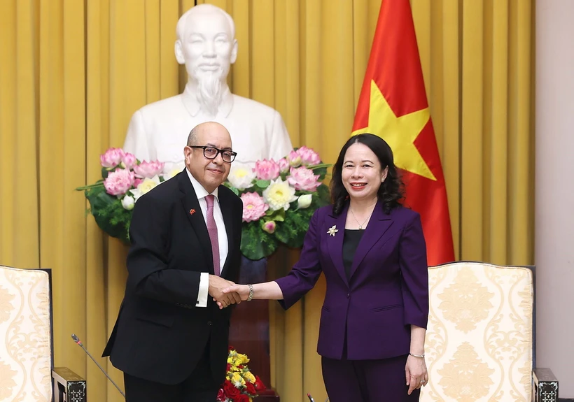 Phó Chủ tịch nước Võ Thị Ánh Xuân tiếp Tổng Thư ký Hạ viện Morocco kiêm Chủ tịch Hiệp hội Tổng Thư ký Nghị viện Thế giới Najib El Khadi. (Ảnh: An Đăng/TTXVN)