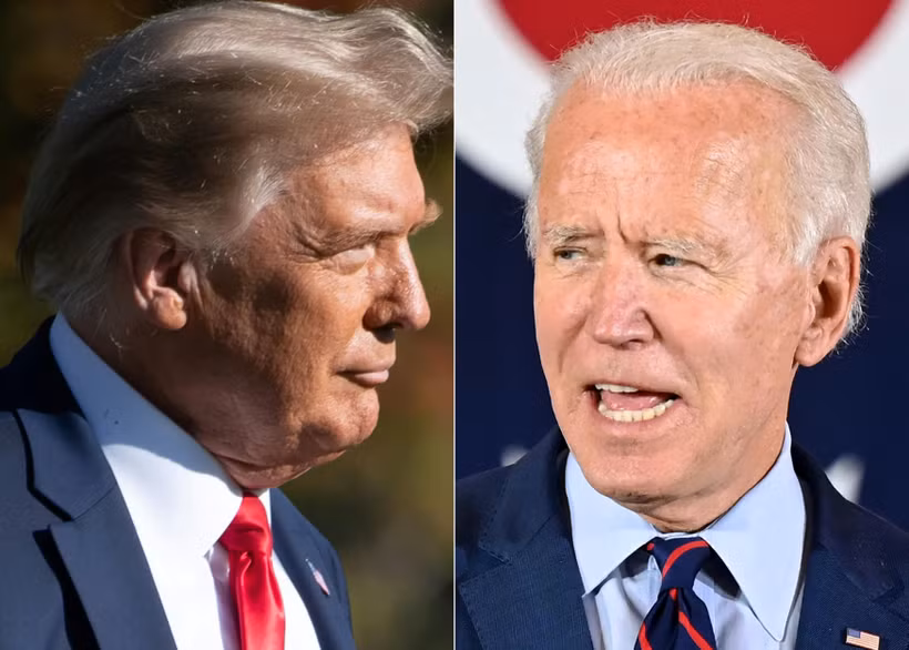 Tổng thống Mỹ Donald Trump (trái) và ứng cử viên Tổng thống của đảng Dân chủ Joe Biden (phải) trong phiên hỏi - đáp riêng rẽ với cử tri tại các bang Florida và Pennsylvania ngày 15/10/2020. (Ảnh: AFP/TTXVN)