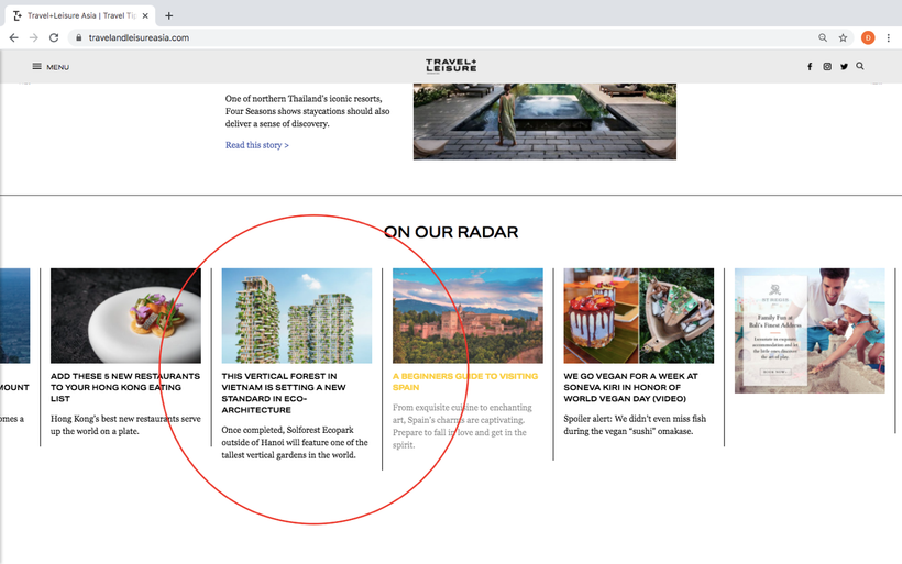 Travel & Leisure dành vị trí nổi bật trên trang chủ viết về Sol Forest - Dự án xanh biểu tượng của Ecopark đang gây sốt tại thị trường Việt Nam.