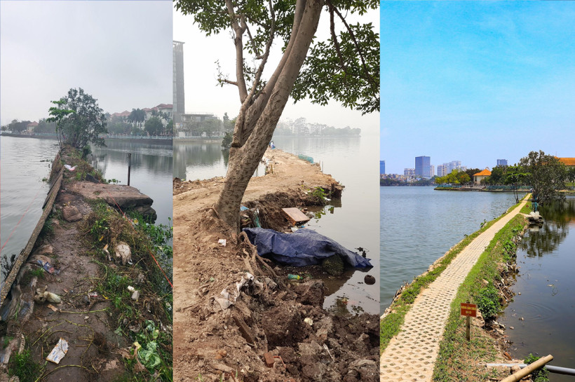 Bờ kè chia ngăn mặt nước Hồ Tây với hồ Thủy Sứ, vào các thời điểm trước, trong và sau quá trình triển khai chỉnh trang. (Ảnh: PV/Vietnam+)