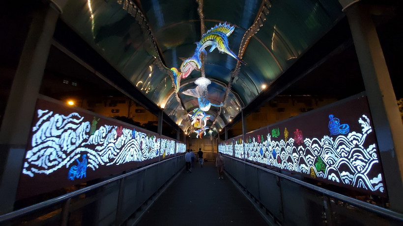 Cầu đi bộ Trần Nhật Duật lung linh trong ánh sáng của các tác phẩm sắp đặt nghệ thuật công cộng. (Ảnh: TTXVN phát)