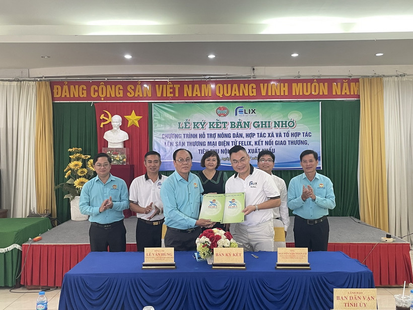 Ngày 23/7/2024, Hội Nông dân tỉnh Long An và Công ty Cổ phần giải pháp công nghệ FELIX đã ký biên bản ghi nhớ về Chương trình hỗ trợ nông dân, hợp tác xã và tổ hợp tác lên sàn thương mại điện tử FELIX, kết nối giao thương tiêu thụ nông sản nội địa và xuất khẩu. (Ảnh: Bùi Giang/TTXVN)