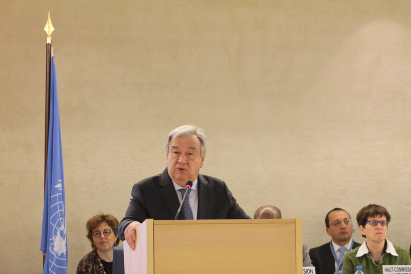 Tổng Thư ký LHQ Antonio Guterres phát biểu tại phiên khai mạc Khóa họp thứ 40 Hội đồng Nhân quyền LHQ, ngày 25/2 tại Geneva (Thụy Sĩ). (Ảnh: Hoàng Hoa/TTXVN)