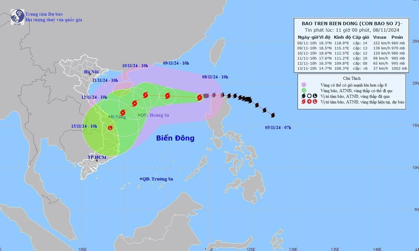 Đường đi của bão số 7 lúc 10h ngày 8/11/2024. (Ảnh: TTXVN phát)