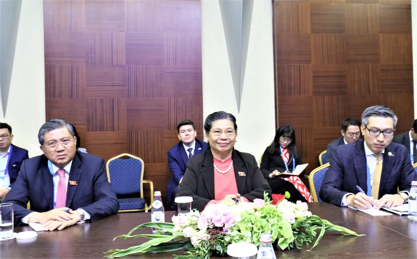Phó Chủ tịch Thường trực Quốc hội Tòng Thị Phóng tại buổi tiếp xúc song phương. (Ảnh: Dương Trí/TTXVN)