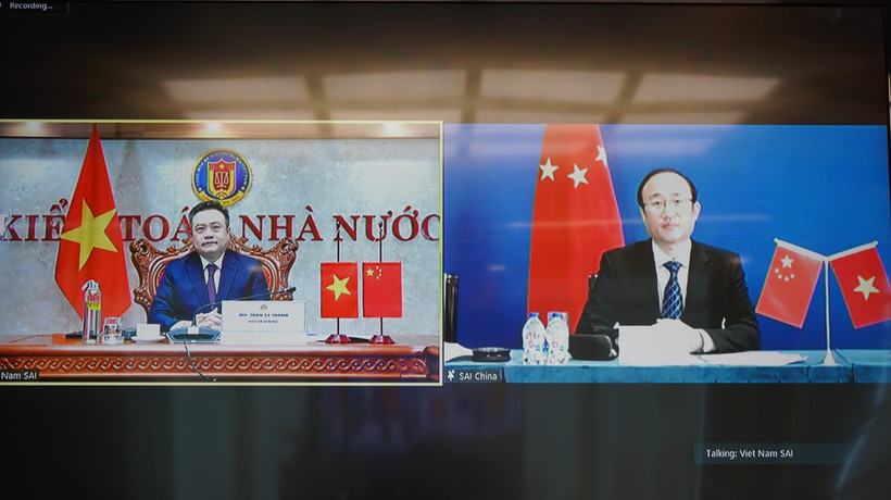 Hội đàm cấp cao trực tuyến giữa Kiểm toán Nhà nước Việt Nam và Trung Quốc, ngày 30/8. (Ảnh: Vietnam+)