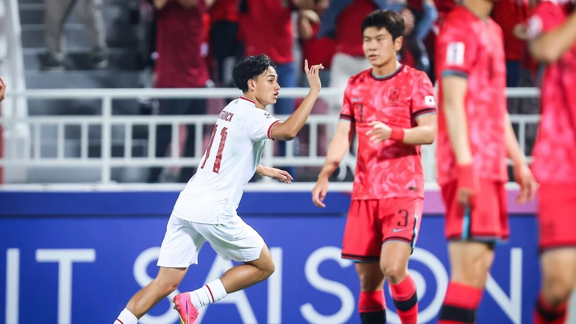U23 Indonesia (áo trắng) loại U23 Hàn Quốc khỏi Vòng chung kết U23 châu Á 2024. (Nguồn: AFC)