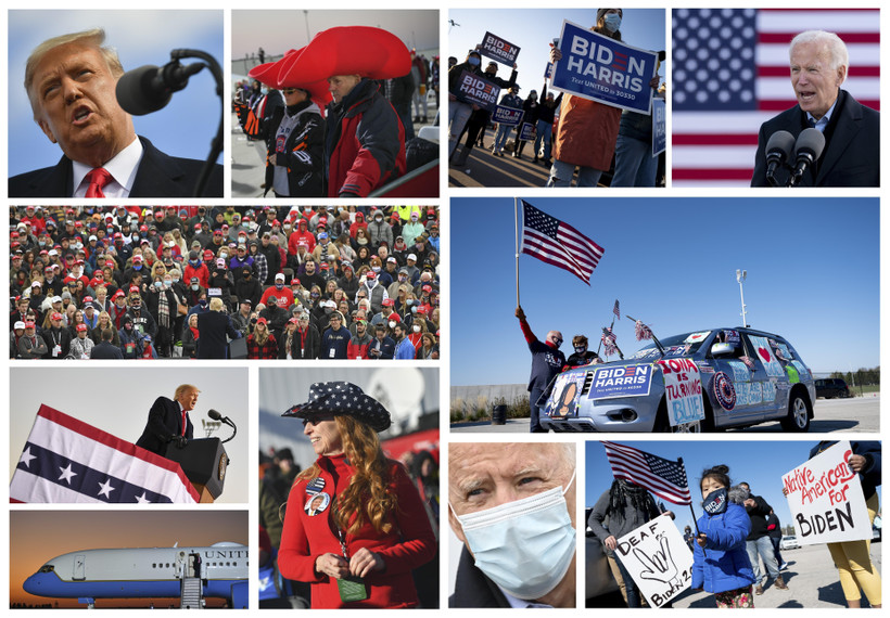 Các hình ảnh trong chiến dịch vận động tranh cử nước rút của đương kim Tổng thống Mỹ Donald Trump (cột ảnh trái) và ứng viên của đảng Dân chủ Joe Biden (cột ảnh phải). (Ảnh: AFP/TTXVN)