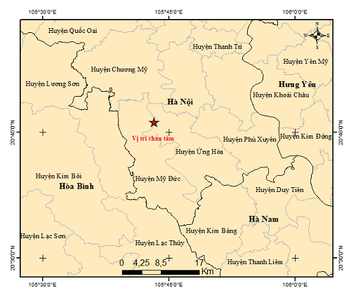 Bản đồ chấn tâm trận động đất xảy ra tại huyện Mỹ Đức, thành phố Hà Nội. (Nguồn: Viện VLĐC)