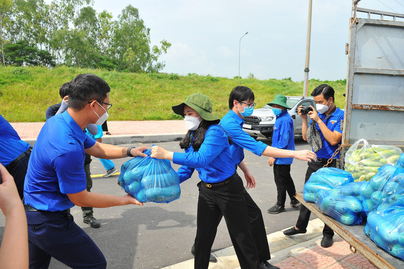 Thanh niên Hà Nội tiếp nhận và vận chuyển nhu yếu phẩm đến những nơi có dịch COVID-19. (Ảnh: Minh Đức/TTXVN)