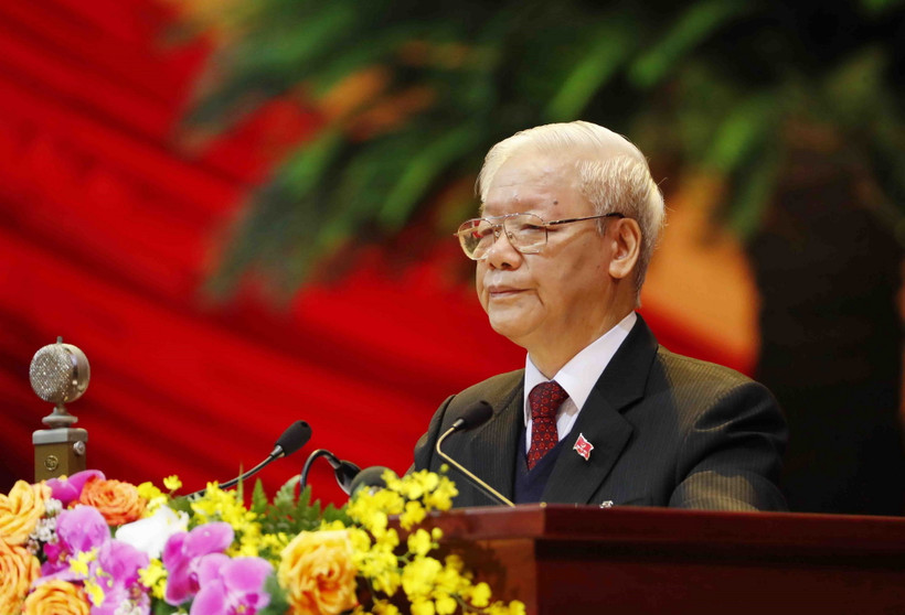 Đồng chí Nguyễn Phú Trọng, Tổng Bí thư Ban Chấp hành Trung ương Đảng, Chủ tịch nước CHXHCN Việt Nam đọc Báo cáo chính trị của Ban Chấp hành Trung ương Đảng khóa XII và các văn kiện trình Đại hội. (Ảnh: TTXVN)