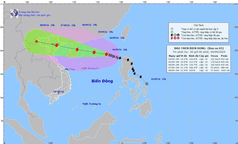 Bản đồ đường đi của Bão số 3. (Ảnh: TTXVN phát)