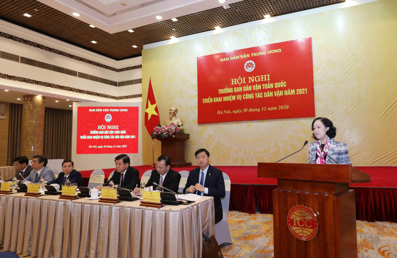 Bà Trương Thị Mai, Ủy viên Bộ Chính trị, Bí thư Trung ương Đảng, Trưởng Ban Dân vận Trung ương phát biểu. (Ảnh: Phương Hoa/TTXVN)