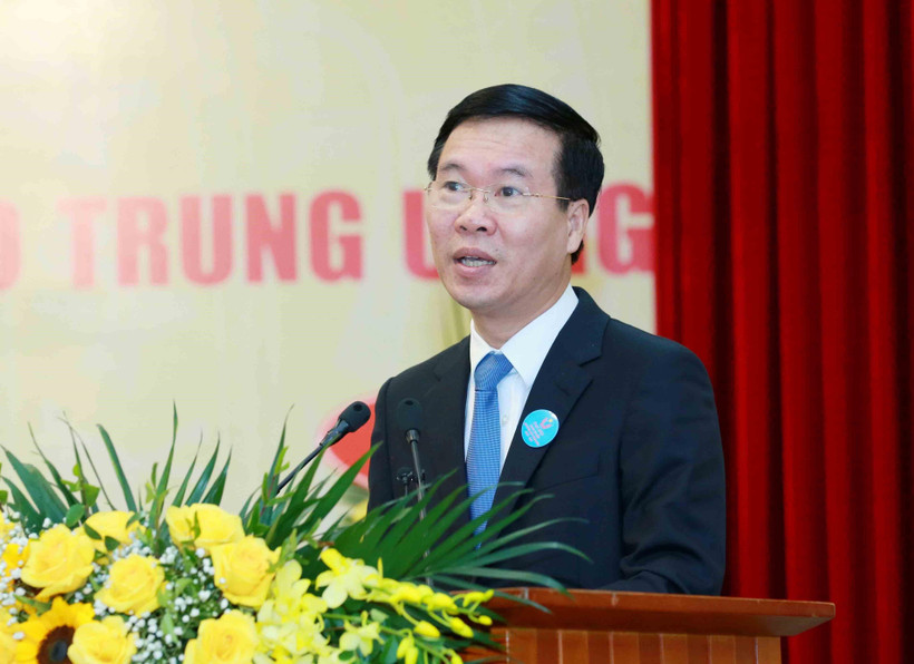 Ông Võ Văn Thưởng, Ủy viên Bộ Chính trị, Bí thư Trung ương Đảng, Trưởng Ban Tuyên giáo Trung ương phát biểu tại Đại hội. (Ảnh: Phương Hoa/TTXVN)