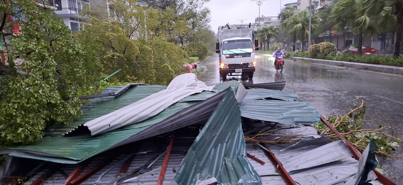 Các tấm tôn và cây gãy đổ trên tuyến Quốc lộ 18A qua địa phận thành phố Hạ Long, Quảng Ninh. (Ảnh: Đức Hiếu/TTXVN)