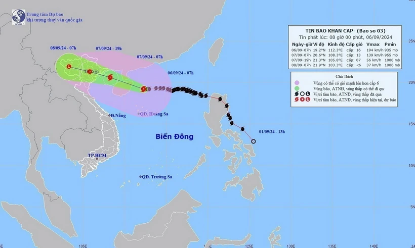 Bản đồ đường đi của Bão số 3, lúc 7h ngày 6/9/2024. (Ảnh: TTXVN phát)