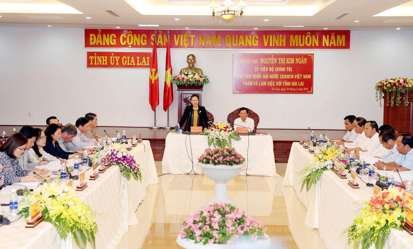 Chủ tịch Quốc hội Nguyễn Thị Kim Ngân phát biểu tại buổi làm việc. (Ảnh: Trọng Đức/TTXVN)