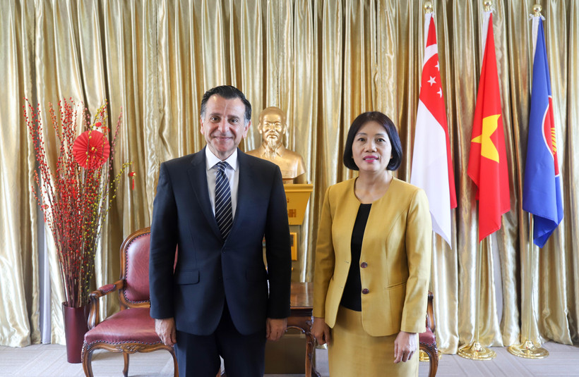 Đại sứ Tào Thị Thanh Hương và Đại sứ Mahmoud Hmoud. (Ảnh: Lê Dương/TTXVN)