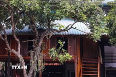 Những ngôi nhà sàn ở bản Pom Coọng thường được làm bằng tre hoặc bương và cách mặt đất khoảng 2m bằng những cột gỗ chắc chắn, xây thành từng cụm và theo lối kiểu kiến trúc truyền thống. (Ảnh: Trọng Đạt/TTXVN)