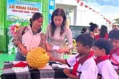 Giáo viên và học sinh trường Tiểu học Kim Đồng, xã Tu Mơ Rông (Quảng Ngãi) bỏ tiền heo đất gây quỹ duy trì bữa ăn trưa miễn phí và hỗ trợ cho những học sinh nghèo, mồ côi không thuộc diện bán trú. (Ảnh: TTXVN phát) 