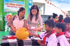 Giáo viên và học sinh trường Tiểu học Kim Đồng, xã Tu Mơ Rông (Quảng Ngãi) bỏ tiền heo đất gây quỹ duy trì bữa ăn trưa miễn phí và hỗ trợ cho những học sinh nghèo, mồ côi không thuộc diện bán trú. (Ảnh: TTXVN phát) 