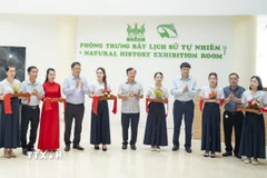 Các đại biểu thực hiện nghi thức cắt băng khai trương. (Ảnh: Nguyên Lý/TTXVN)