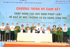 Đại diện các hộ kinh doanh, khai thác thủy sản ký cam kết chấp hành các quy định pháp luật về bảo vệ môi trường và đa dạng sinh học. (Ảnh: Mạnh Tú/TTXVN)