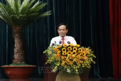 Bí thư Thành ủy Thành phố Hồ Chí Minh Trần Lưu Quang phát biểu tại hội nghị. (Ảnh: Tiến Lực/TTXVN)
