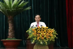 Bí thư Thành ủy Thành phố Hồ Chí Minh Trần Lưu Quang phát biểu tại hội nghị. (Ảnh: Tiến Lực/TTXVN)