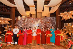 Các đại biểu cắt băng khai mạc triển lãm. (Ảnh: Khánh Hoà/TTXVN)
