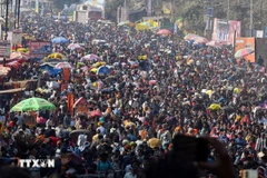 Những người hành hương tham gia lễ hội tôn giáo Kumbh Mela ở thành phố Prayagraj (Ấn Độ) - nơi xảy ra một vụ giẫm đạp khiến nhiều người thương vong hồi tháng 01/2025. (Ảnh: ANI/TTXVN)