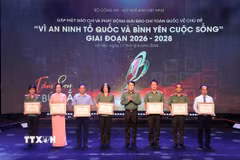 Thượng tướng Lê Quốc Hùng, Ủy viên Trung ương Đảng, Thứ trưởng Bộ Công an trao Bằng khen của Bộ trưởng Bộ Công an cho các cá nhân có thành tích xuất sắc. (Ảnh: Phạm Kiên/TTXVN)