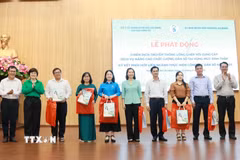 Lãnh đạo Sở Y tế và Chi cục Dân số Thành phố Hồ Chí Minh biểu dương các tập thể, cá nhân có nhiều đóng góp trong công tác dân số. (Ảnh: Đinh Hằng/TTXVN)