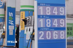 Giá xăng dầu được niêm yết tại một trạm xăng ở Seoul, Hàn Quốc ngày 15/3/2026. (Ảnh: Yonhap/TTXVN)