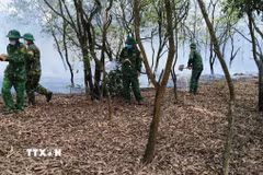 Lực lượng chức năng triển khai biện pháp khoanh vùng, khống chế đám cháy. (Ảnh: TTXVN phát)