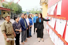 Đoàn Thanh niên phường Hồng Châu (Hưng Yên) thông tin về người ứng cử cho cử tri tại khu vực bỏ phiếu. (Ảnh: Thu Hoài/TTXVN)
