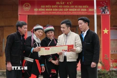 Cán bộ tuyên truyền bầu cử cho các cử tri tại thôn Nặm Đăm, xã Quản Bạ. (Ảnh: Minh Đức/TTXVN)