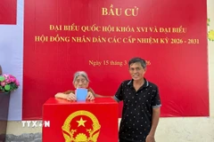 Cụ Vũ Thị Còm tự tay bỏ phiếu bầu đại biểu Quốc hội khóa XVI và HĐND các cấp. (Ảnh: TTXVN phát)