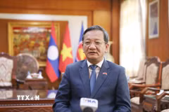 Đại sứ Việt Nam tại Lào Nguyễn Minh Tâm trả lời phỏng vấn. (Ảnh: Xuân Tú/TTXVN)