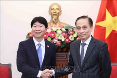 Bộ trưởng Bộ Ngoại giao Lê Hoài Trung tiếp Thống đốc tỉnh Okayama (Nhật Bản) Ibaragi Ryuta. (Ảnh: An Đăng/TTXVN)