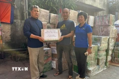 Team Tâm Thiện, thành phố Hải Phòng tiếp nhận ủng hộ của doanh nghiệp ở thành phố. (Ảnh Tiến Vĩnh/TTXVN)