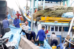 Ngư dân hối hả chuẩn bị ngư lưới cụ, nước đá và nhu yếu phẩm cho chuyến ra khơi đầu năm tại cảng cá Phan Thiết, phường Phan Thiết, tỉnh Lâm Đồng. (Ảnh Hồng Hiếu/TTXVN)