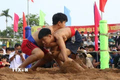 Hội vật là dịp để thanh niên rèn luyện sức khỏe, hun đúc ý chí và giữ gìn truyền thống cha ông để lại. (Ảnh: Mai Trang/TTXVN)