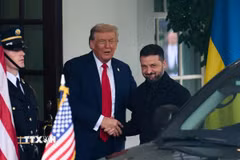 Chiều 18/8/2025, Tổng thống Mỹ Donald Trump (thứ 2, trái) đã có cuộc gặp với Tổng thống Ukraine Volodymyr Zelensky (phải) tại Nhà Trắng để thảo luận về những vấn đề then chốt liên quan đến việc kết thúc cuộc xung đột Nga-Ukraine. (Nguồn: THX/TTXVN)