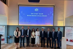 Thứ trưởng Nguyễn Hoàng Long chụp ảnh lưu niệm với các đại biểu tham dự Diễn đàn doanh nghiệp Việt Nam-Vương quốc Anh bên lề khóa họp lần thứ 14 Ủy ban hỗn hợp về Hợp tác kinh tế và thương mại Việt Nam-Vương quốc Anh. (Ảnh: TTXVN phát)