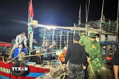 Trạm Biên phòng cửa khẩu cảng Hòn La, Đồn Biên phòng Roòn (Quảng Trị) tiếp nhận 7 ngư dân trên tàu cá gặp nạn. (Ảnh: TTXVN phát)